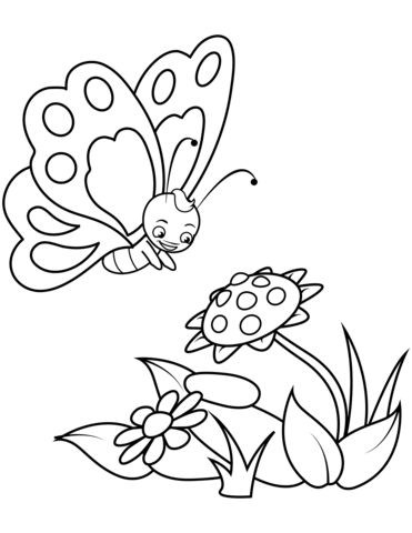 Cute Butterfly And A Sunflower Coloring Page